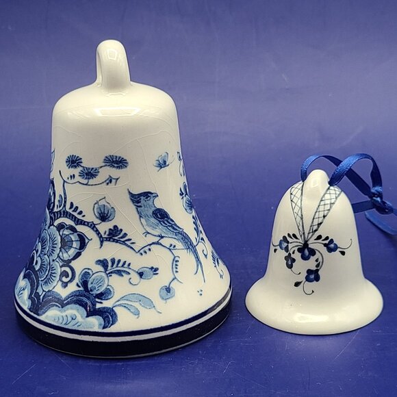 Two Blue White Porcelain Bells Delft Bird Floral 4" and Unknown Signed Floral 2" - Picture 1 of 13